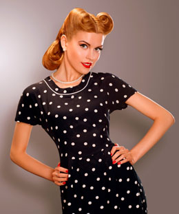 Woman in Blue Retro Polka Dot Dress. Pin Up Style